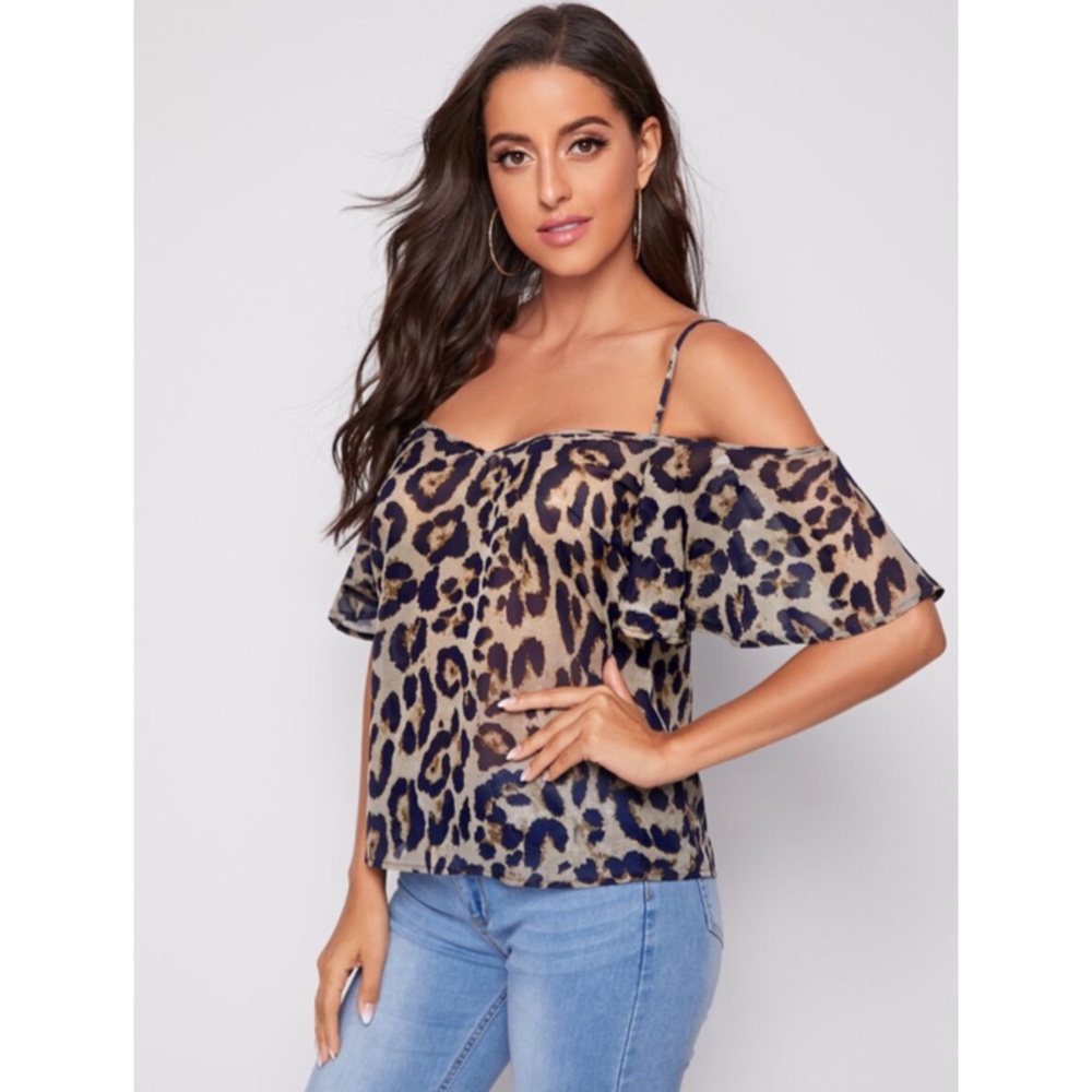1 XL LEFT! Leopard Cold Shoulder Top Blouse Shirt - Picture 5 of 12